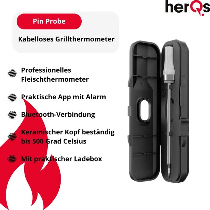 HerQs Pin Probe – бездротовий Bluetooth термометр для м'яса до 500°C, для гриля, духовки, сковороди, аерофритюрниці та Sous-Vide