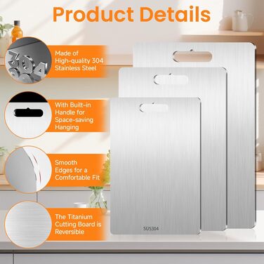 Дошка обробна титанова 3 шт., нержавіюча сталь, BPA-free, антикорозійна, для м'яса, хліба, овочів, фруктів, двостороння, 29x20см, 34x23см, 39x28см, срібляста