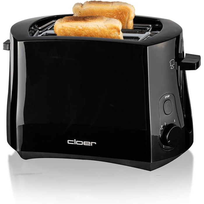 Тостер Cloer 3310 Cool-Wall 825 Вт, для 2 тостів, з підставкою для булочок, кришкою для крихт, функцією додаткового підйому, чорний
