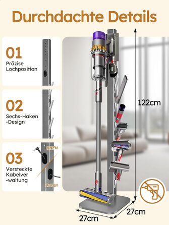 Стійка для пилососа Dyson Gen5 V15 V12 V11 V10 V8 V7 V6 – на підлогу, з 6 гачками, срібляста