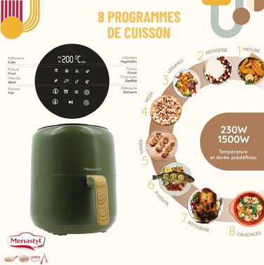 Аерофритюрниця MENASTYL Colorama без олії, 4.5 л, 8 програм, до 200°C, таймер 1 год, без PFAS, колір олива, 6025006