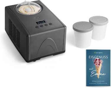 Електрична морозивомашина Springlane 1.5L з самоохолоджуючим компресором 150W, з нержавіючої сталі, знімний контейнер для льоду, рецептурник (Антрацит, Emma + 2 сірі контейнери для зберігання)