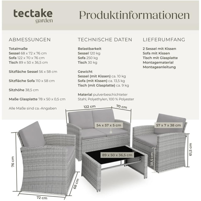 Гарнітур садових меблів tectake® з поліротангу, 12 предметів, для саду та балкону, стійкий до погодних умов, комплект: софа, крісла, стіл для 4 осіб, сірий меланж