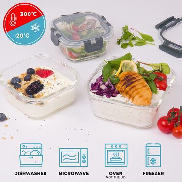 Igluu Meal Prep – Набір квадратних скляних контейнерів для їжі, 3 шт. (800 мл, 520 мл, 320 мл), герметичні, з кришками без BPA, для мікрохвильовки, духовки та посудомийної машини