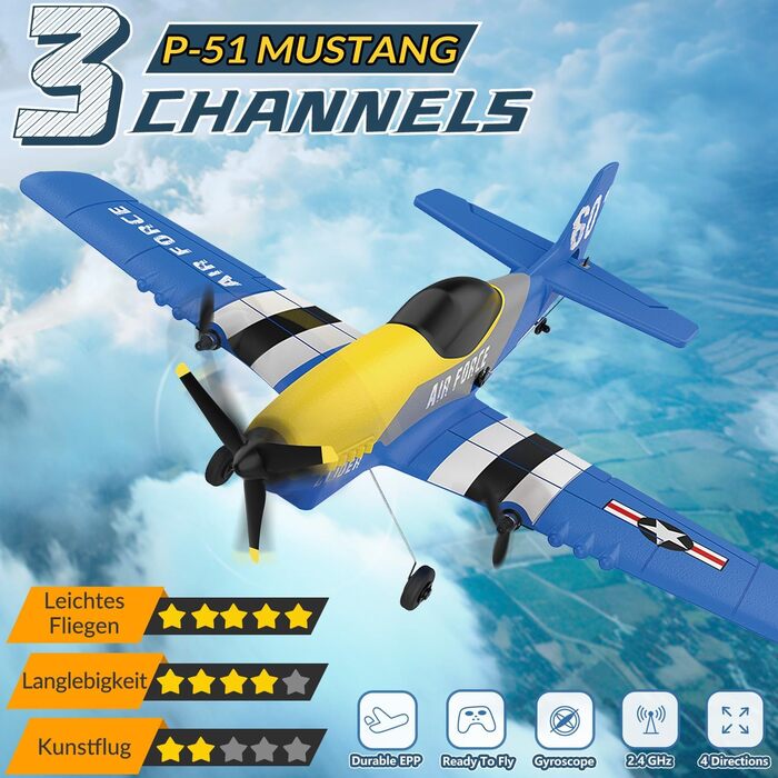 RC літак HAWK'S WORK P-51D Mustang 2.4GHz, готовий до польоту, 6-осьовий гіростабілізатор, синій - для дітей та початківців