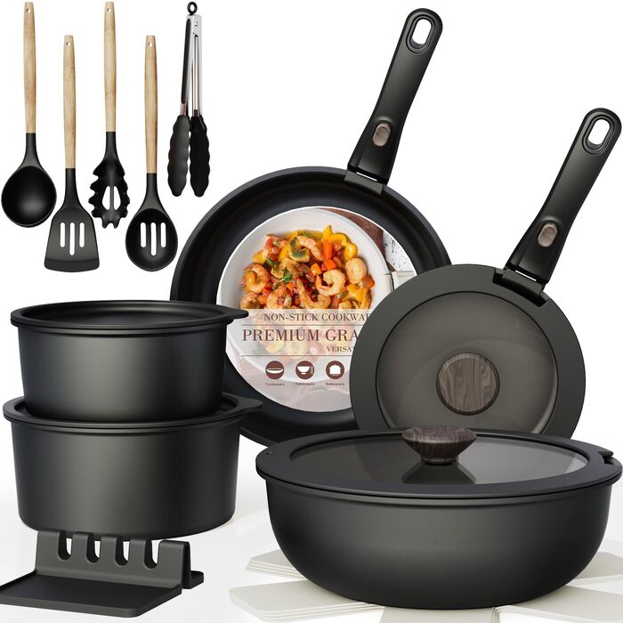 Набір посуду Astercook 21 предмет: каструлі та сковороди з керамічним антипригарним покриттям, знімні ручки, для індукції, духовки, кемпінгу, чорний