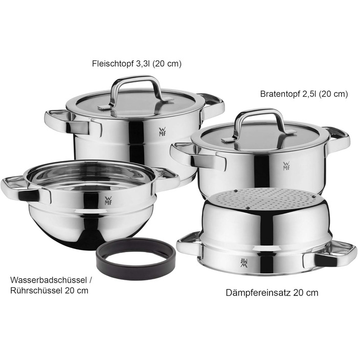 Набір каструль WMF Compact Cuisine 4 предмети для індукції з кришками, нержавіюча сталь Cromargan, з внутрішньою шкалою