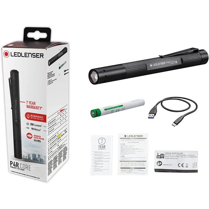 Ліхтарик Ledlenser P4R Core, LED, 200 люмен, акумуляторний, фокусування, 3 режими, 95 м, USB, кліпса, ручка