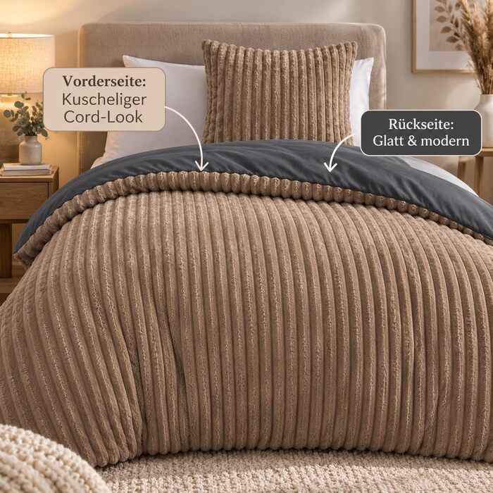 Комплект постільної білизни Leonado Vicenti Cashmere-Touch Teddy Plüsch, 2-частинний, 135x200 см, теплий зимовий фліс Coral Fleece, ефект вельвету, двосторонній (Коричневий - Антрацит)