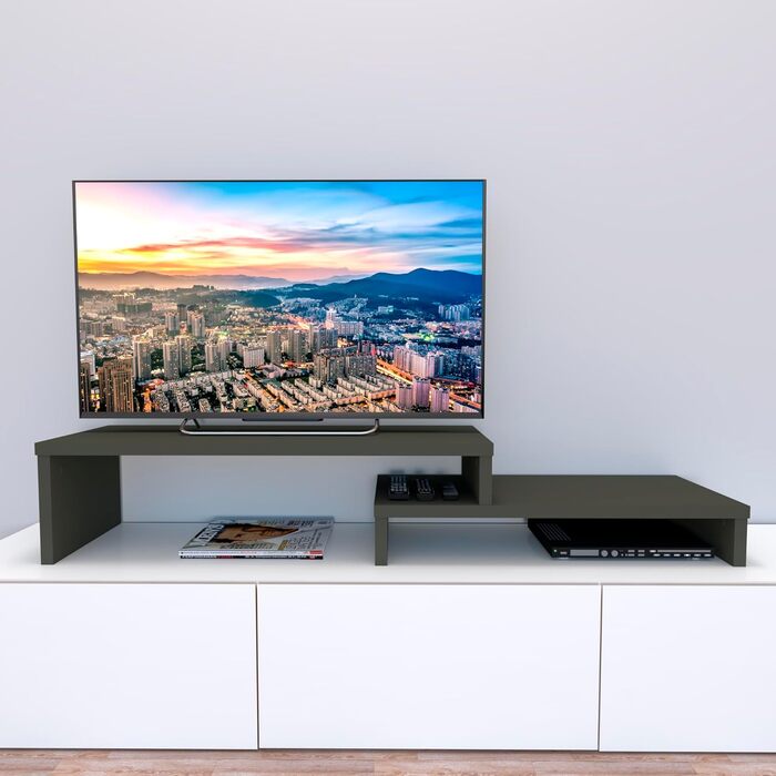 Телевізійна тумба Henor з регульованою драбинкою, FSC® дерево, 90+90x35x30/15 см, графіт