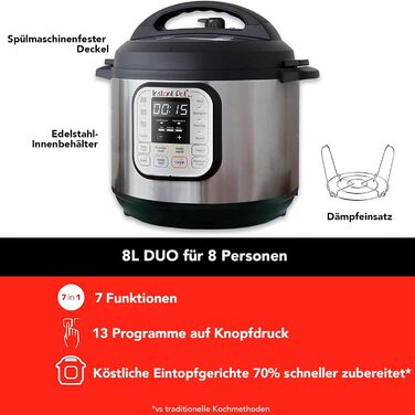 Електрична мультиварка Instant Pot Duo 80, 7,6 л, 1200 Вт, нержавіюча сталь, 7-в-1: скороварка, повільноварка, рисоварка, сотейник, йогуртниця, пароварка та стерилізатор, срібляста