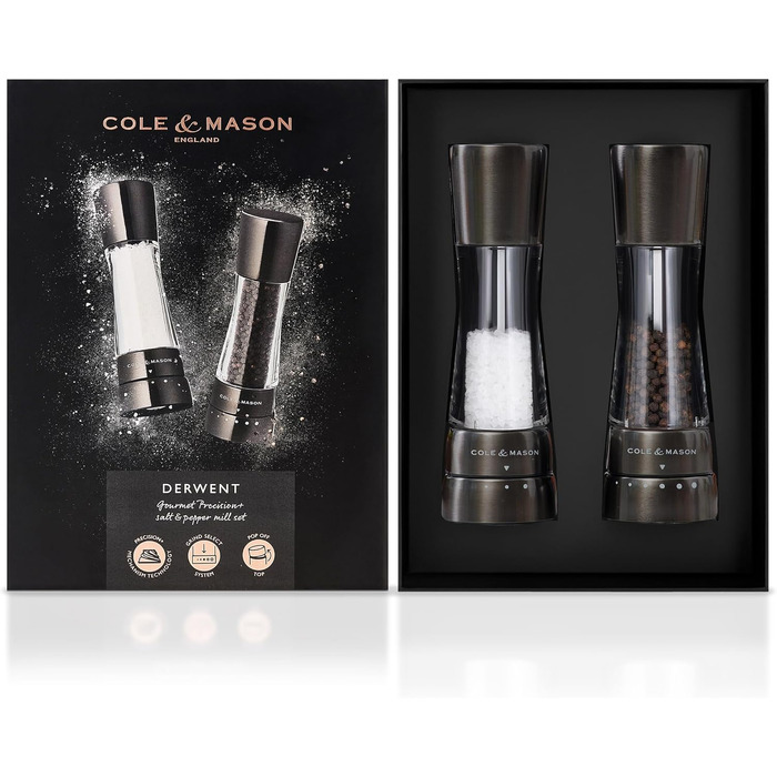 Набір ручних млинків для солі та перцю Cole & Mason Derwent Gunmetal, сталь та акрил, 190 мм, Precision+, сірий