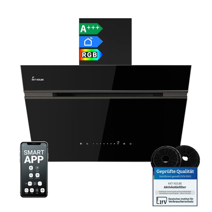 Витяжка для кухні KKT Kolbe Aurora 60 см, чорне скло, 782 м³/год, з WiFi, RGBW LED-підсвіткою та сенсорним керуванням, режим рециркуляції та відводу (AURORA6005FB)