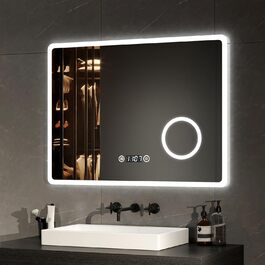 Дзеркало для ванної кімнати EMKE LED 90x70 см з підсвічуванням, годинником та захистом від запотівання, IP44