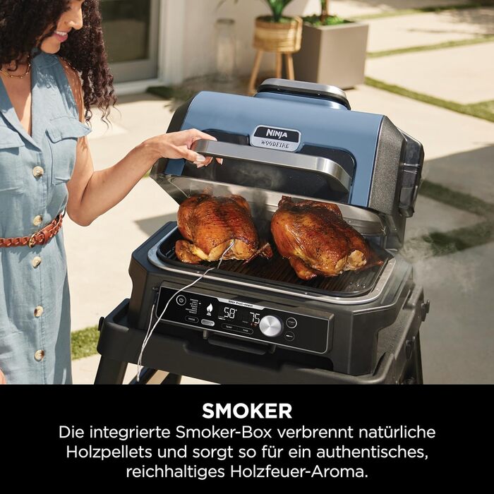 Електричний BBQ смокер-гриль Ninja Woodfire Pro Connect XL з керуванням через додаток, цифровим термощупом, 7-в-1, аерофритюрницею, для вулиці, чорний, OG901EU, з деревними пелетами, захист від негоди