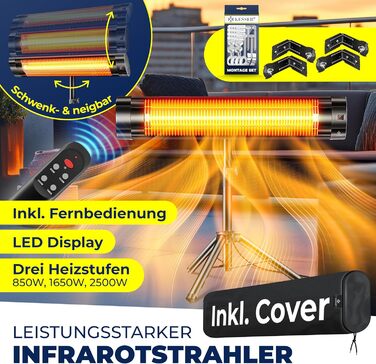 Інфрачервовий обігрівач KESSER® 2500W з пультком та захисним чохлом, телескопічним штативом, для тераси та дому
