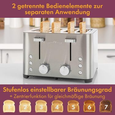 Тостер ProfiCook 4-слотовий, нержавіюча сталь, 1500 Вт, широкий слот, підставка для булочок, 7 режимів підсмажування, зйомна крихтова підставка, PC-TA 1252
