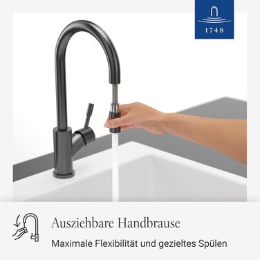 Змішувач кухонний Villeroy & Boch Umbrella Flex з висувним душем, антрацит - економія води, висота виливу 220 мм