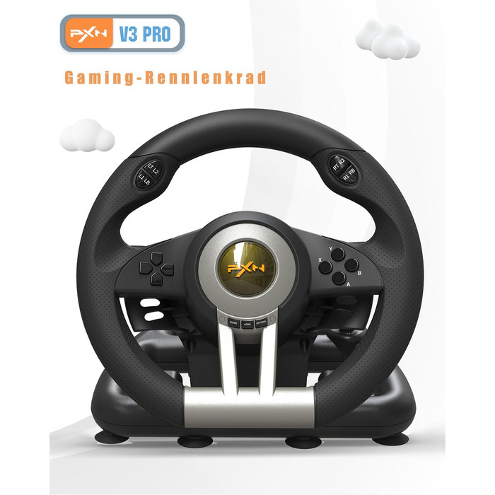 PXN V3 Pro Ігровий кермо з педалями для ПК, PS4, PS3, Xbox, Nintendo Switch. 180° поворот, вібрація, педалі, перемикачі швидкостей - Чорний