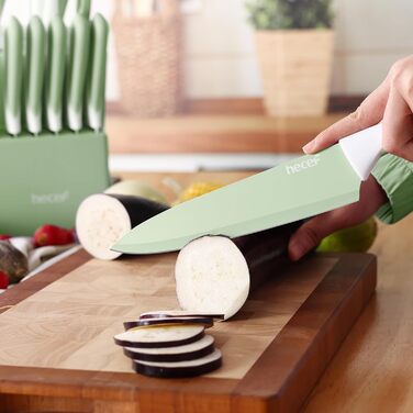 Набір кухонних ножів Hecef 14 предметів у блоці, антипригарне покриття, безпечний для миття в посудомийній машині, з інтегрованим точилом, ергономічні ручки, компактний набір ножів для кухні (зелений)