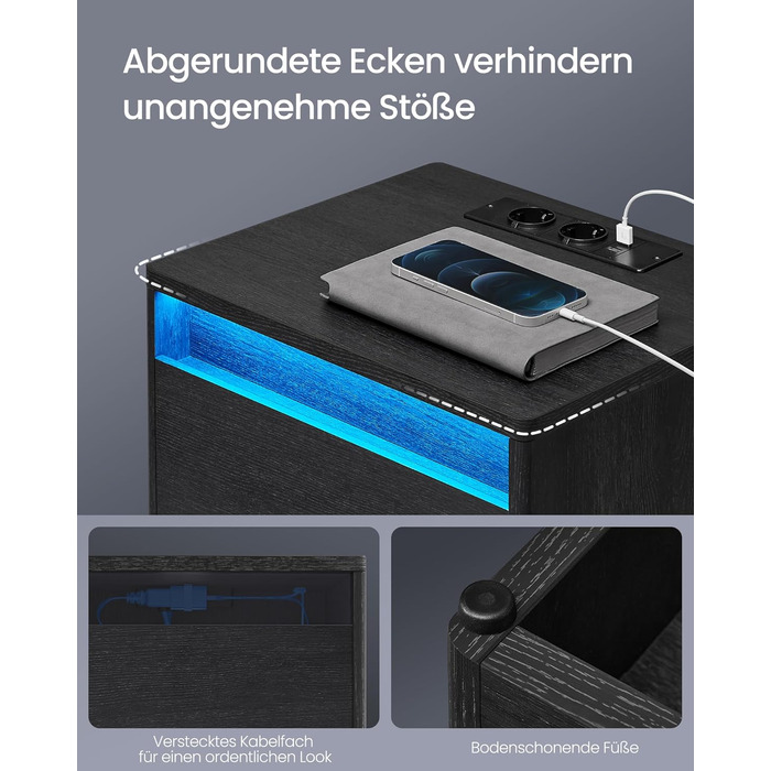 VASAGLE приліжковий столик з LED-підсвіткою, розетками та USB, сучасний, ящик, для спальні і вітальні, чорний