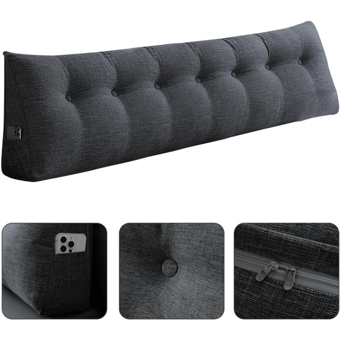 Подушка трикутна для спини OHMG 200x50x20 см темно-сіра з кишенею, для ліжка та дивана, знімний чохол