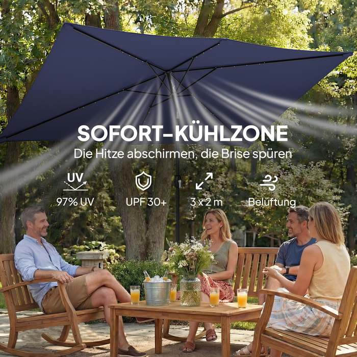 Сонячний парасоль з LED-підсвіткою, приблизно 300 x 200 см, регульований, балконний парасоль з ручним механізмом, захисний чохол, захист від УФ-променів, поворотний, темно-синій