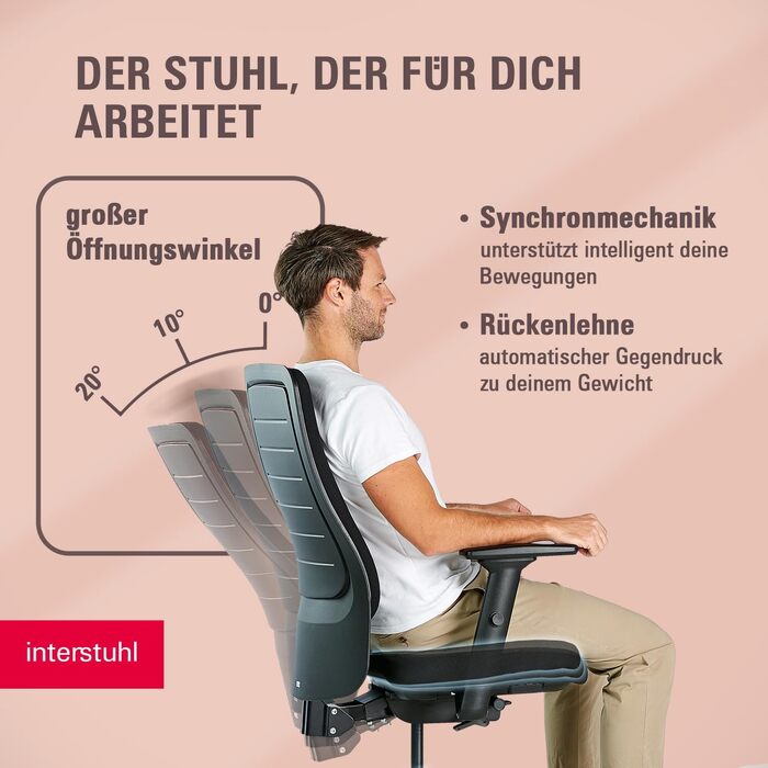 Ергономічне офісне крісло Interstuhl SMART Soft, синхромеханізм, 4D-підлокітники, підтримка попереку, чорне, Made in Germany