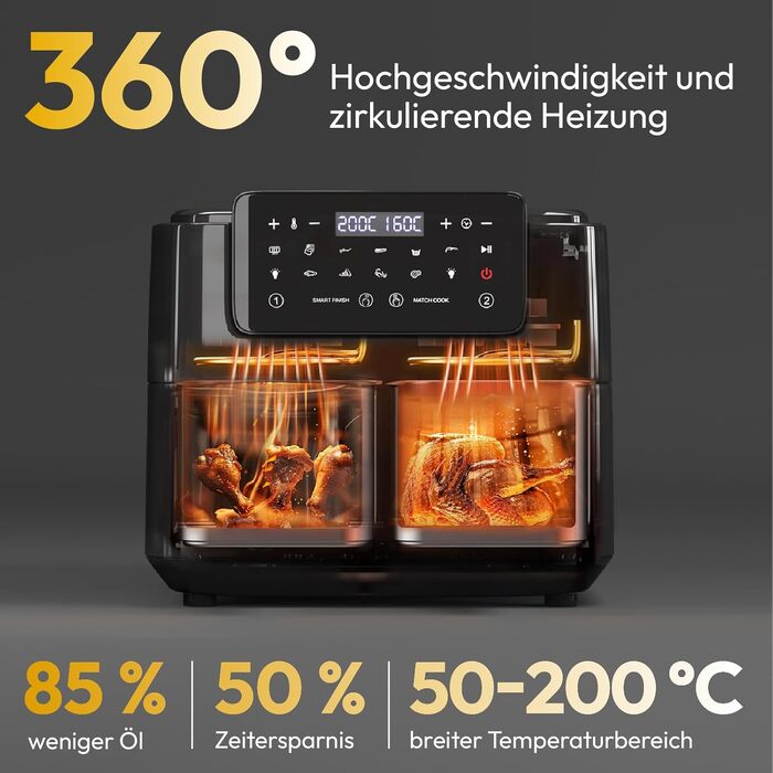 Аерофритюрниця LLIVEKIT 9L з двома камерами (4.5L+4.5L) та вікном перегляду, мультипіч 9-в-1 з сенсорним керуванням та таймером, чорна