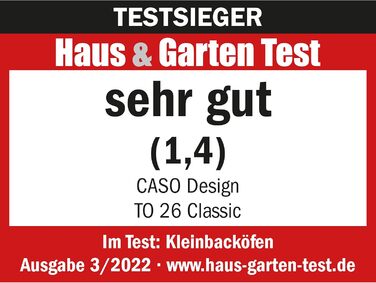 Електрична піч CASO TO 20 Design - 26 літрів, 5 функцій (Umluft, Drehspieß, Oberhitze, Unterhitze, Ober-Unterhitze), 70-230°C, таймер 0-120 хв