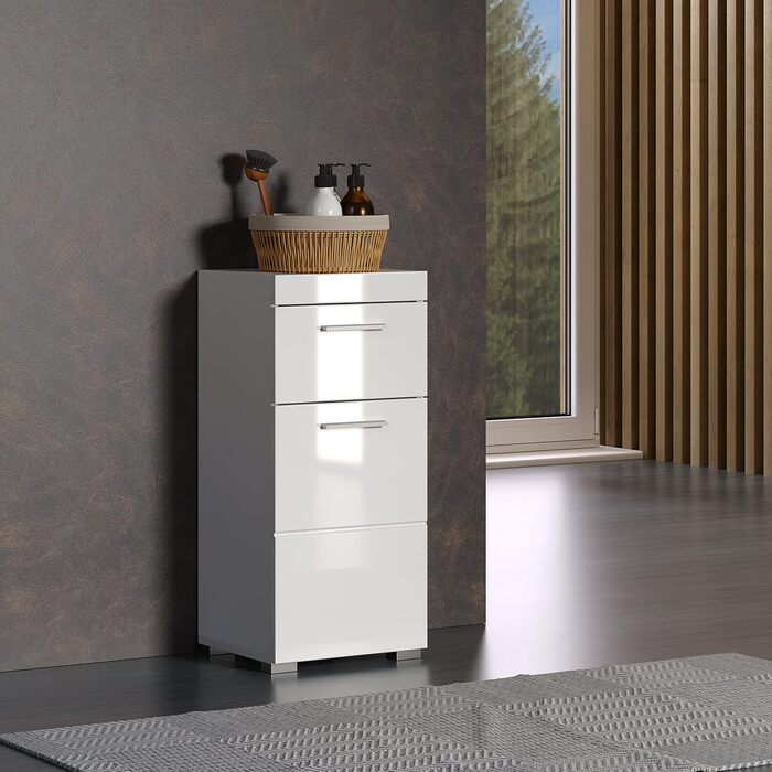 Комод для ванної Trendteam Amanda, білий глянцевий, 37x79x31 см, з 1 дверцятами і 1 шухлядою, універсальний, сріблясті ручки