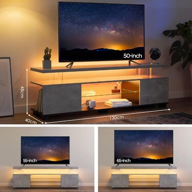 Тумба під телевізор LED 130 см, сучасна TV-тумба з підсвіткою та ящиками, сіра, для телевізора до 60 дюймів