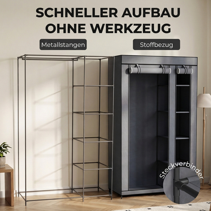 Мобільна гардеробна шафа з тканини з жердиною для одягу та 5 полицями, сіра