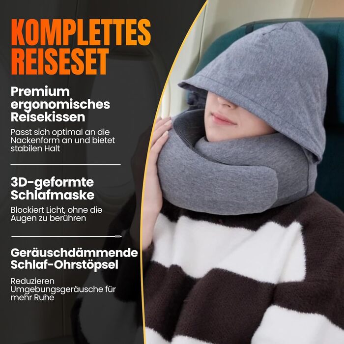 Подорожня подушка для шиї з капюшоном з ефектом пам'яті (Memory Foam) для літака, авто та поїздок, 100% бавовна, світло-сіра (Hooded Pro)