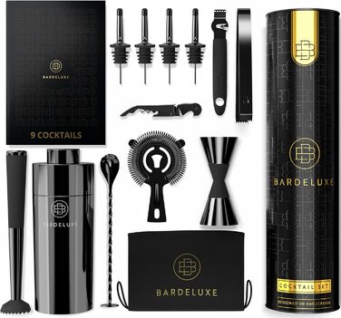 Барний набір BarDeluxe 12 предметів: шейкер 750 мл з нержавіючої сталі, чорний металік, комплект для коктейлів з сумкою, подарунковий набір для бармена