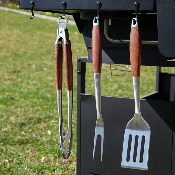 Преміум набір гриль-інструментів grillart, 3 предмети з нержавіючої сталі та дерев'яними ручками – щипці, лопатка, вилка з подовженими ручками, ідеальний аксесуар для гриля