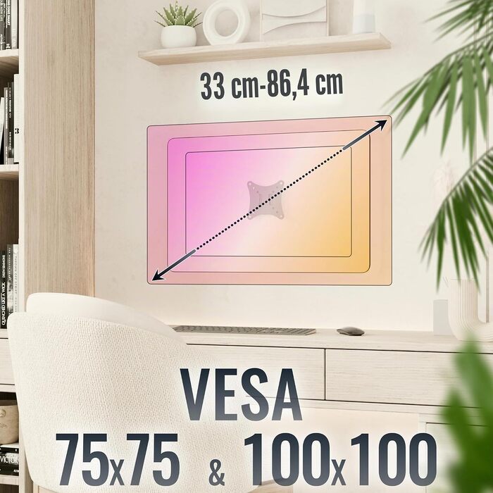 Настінний кронштейн для монітора та ТВ RICOO N0611, фіксований Slim, для екранів 13-34 дюймів, VESA 75x75 / 100x100 мм, до 20 кг