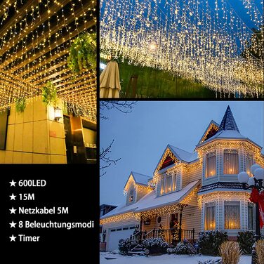 Світлодіодна гірлянда-завіса interGo Eisregen 15м, 600 LED, теплий білий колір, IP44 вологозахищена, 8 режимів з таймером для вулиці та дому