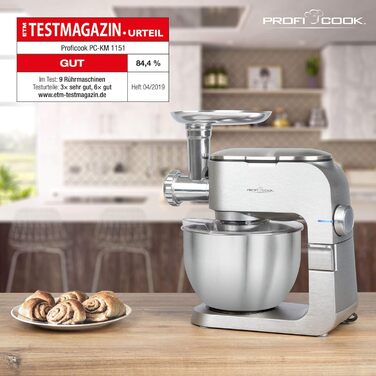 Кухонна машина 2в1 ProfiCook PC-KM 1151 з м'ясорубкою, 1300 Вт, 6,5 л, алюмінієвий корпус, 8 швидкостей, нержавіюча чаша, комплект насадок
