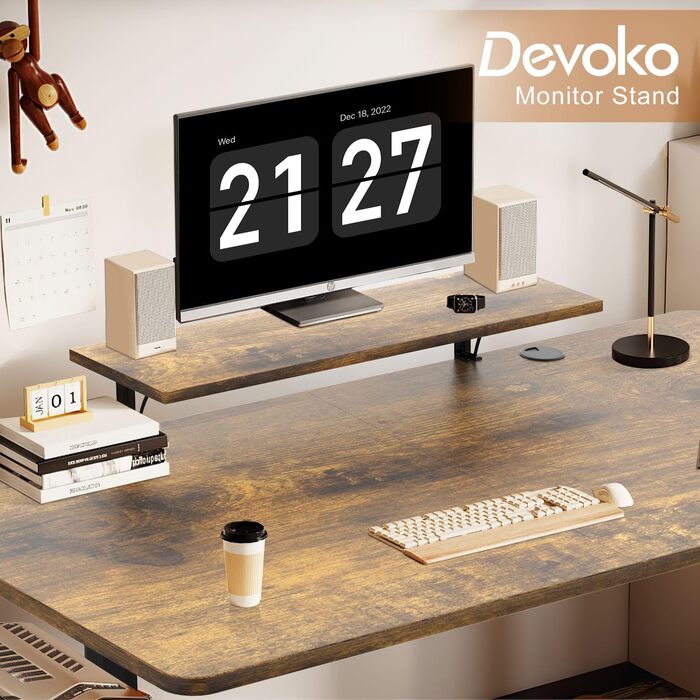 Електричний регульований стіл Devoko 160x70 см з підставкою для монітора, Vintage Brown. Ергономічне стояче робоче місце з пам'яттю висоти