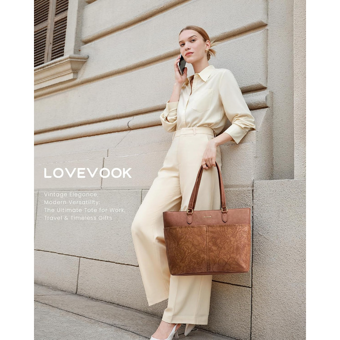Жіноча сумка для ноутбука LOVEVOOK 15.6/17.3 дюймів, велика робоча сумка для жінок (світло-коричнева, з принтом)
