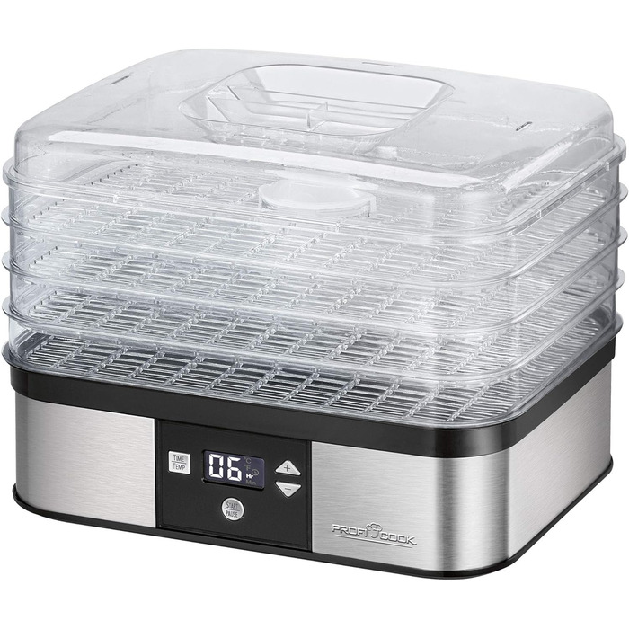 Сушарка для овочів і фруктів ProfiCook PC-DR 1218, нерж. сталь, 650 Вт, 6 рівнів, таймер, LED, BPA-free