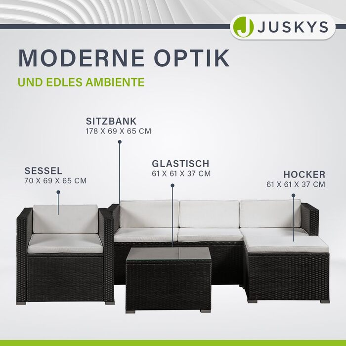 Juskys Lounge Punta Cana L: Комплект садово-розкішних меблів для 4-5 осіб (софа 3 місця, крісло, пуф, столик, подушки). Чудовий вибір для саду, тераси та балкону. Водостійкий набір меблів для відпочинку. Чорний/Крем.