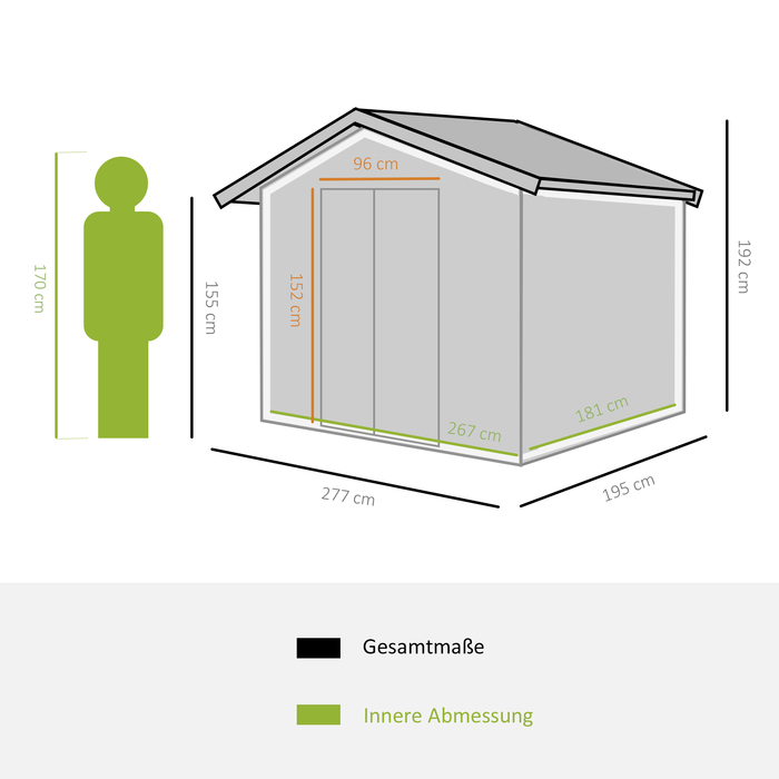 Outsunny Garden Shed Садовий сарай Садовий сарай з підлоговим каркасом і розсувними дверима Атмосферостійка сталь Вугільний сірий 277 x 195 x 192 см