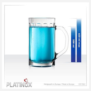 Набір скляних пивних кухлів PLATINUX з ручкою, 500 мл, 6 шт. (макс. 650 мл), прозорі пивні келихи, кухлі для пива, 0,5 л, 0,6 л