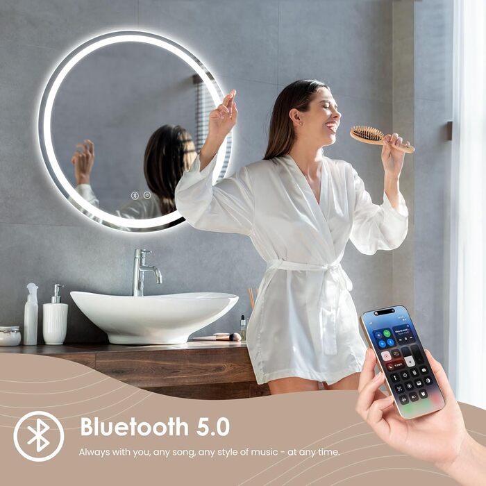 Дзеркало для ванної кімнати Dripex круглої форми з підсвічуванням LED, сенсорне керування, регулювання яскравості, 3 кольори світла, запобігання запотіванню, 50x50 см (Bluetooth, запобігання запотіванню, 3 кольори, регулювання яскравості)