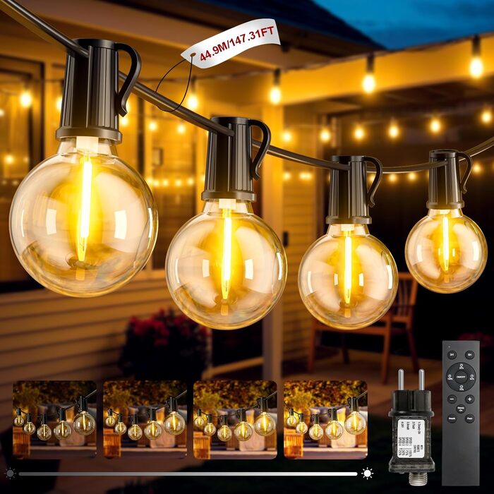 LED гірлянда для вулиці з таймером, 30+1 лампочки G40, регулювання яскравості, IP44, 44.9м, для декору саду, балкону, дому