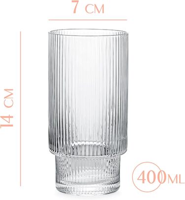 Набір склянок для коктейлів GLASSIQUE CADEAU Art Deco 400 мл, 4 шт. – вінтажні рифлені високі склянки для джин-тоніку, лонгдринків, мохіто