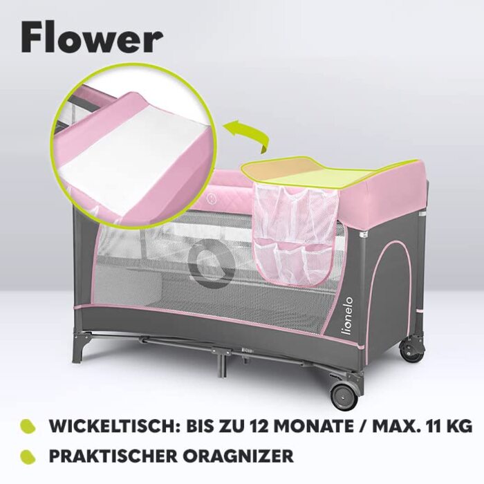 Дитяче ліжечко-манеж Lionelo Flower 4в1 з боковим входом, пеленатором, регульованою висотою, ігровою дугою, колесами та сумкою для транспортування