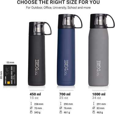 Термос 720°DGREE Follow з чашкою, 1000 мл, нержавіюча сталь, герметичний, BPA-free, для кави та чаю, сірий матовий, для дітей, школи, роботи, outdoor